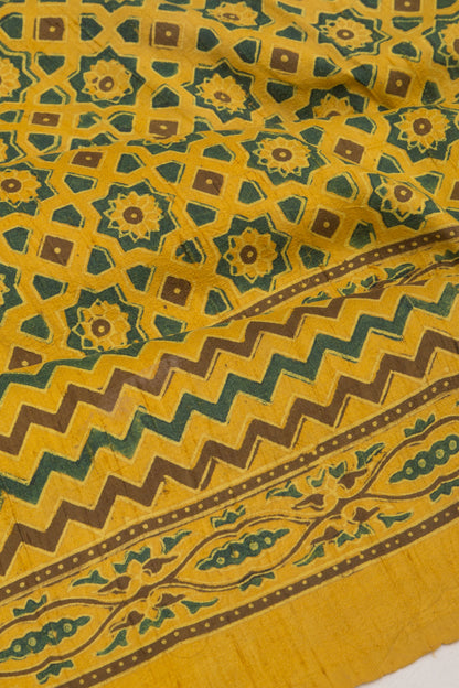 Tussar Floral Block Printed Yellow Saree