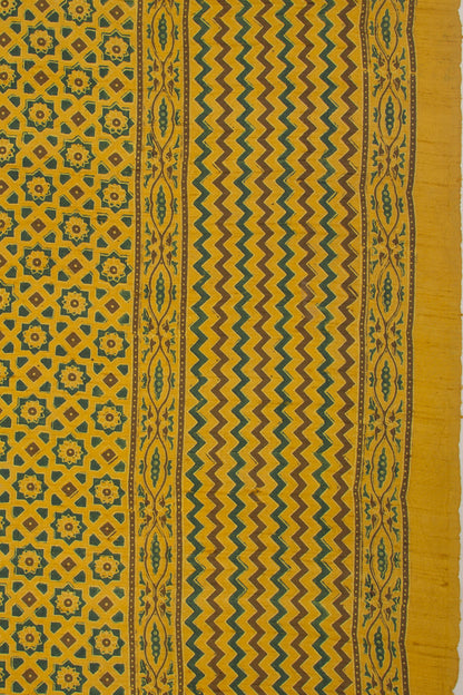 Tussar Floral Block Printed Yellow Saree