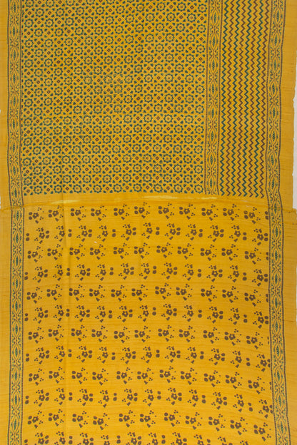 Tussar Floral Block Printed Yellow Saree