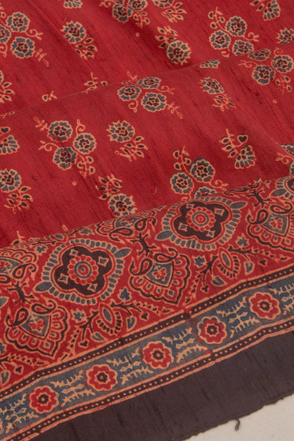 Tussar Floral Block Printed Maroon Saree
