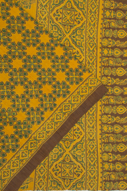 Tussar Floral Block Printed Yellow Saree