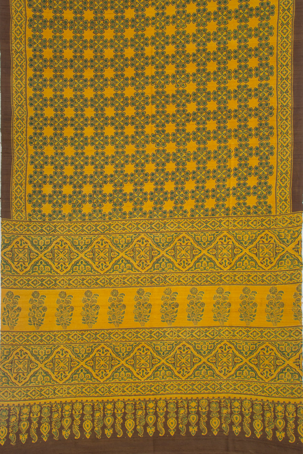 Tussar Floral Block Printed Yellow Saree