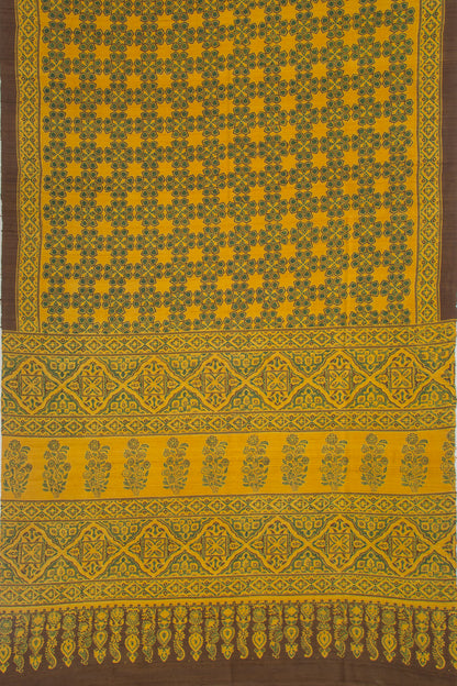 Tussar Floral Block Printed Yellow Saree