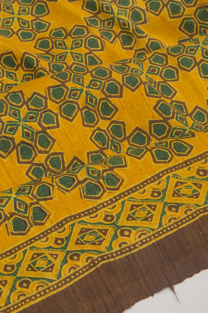 Tussar Floral Block Printed Yellow Saree