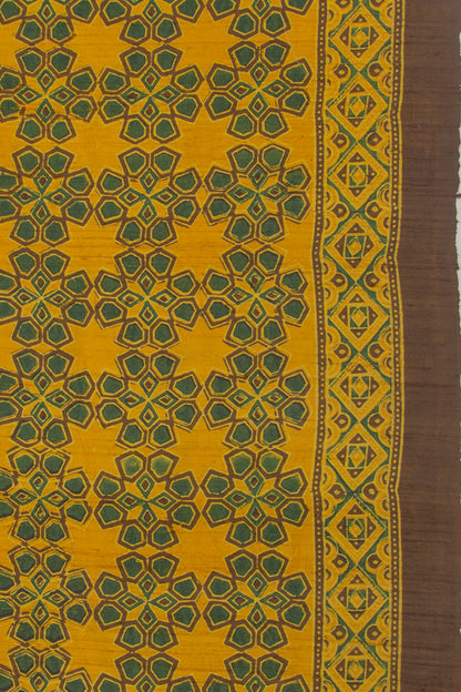 Tussar Floral Block Printed Yellow Saree