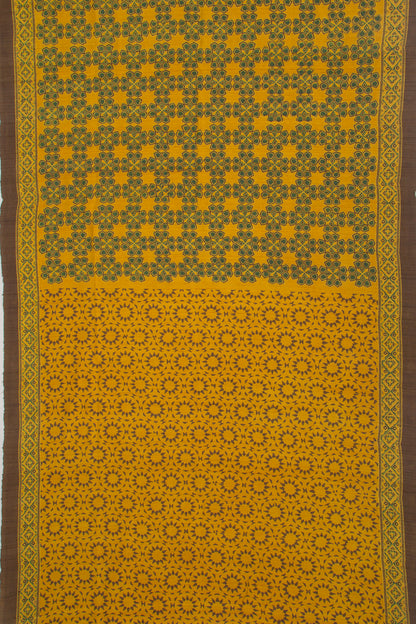 Tussar Floral Block Printed Yellow Saree
