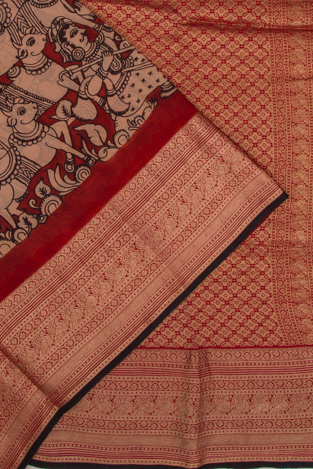 Binny Silk Pure Crepe Handpainted Kalamkari Maroon Saree