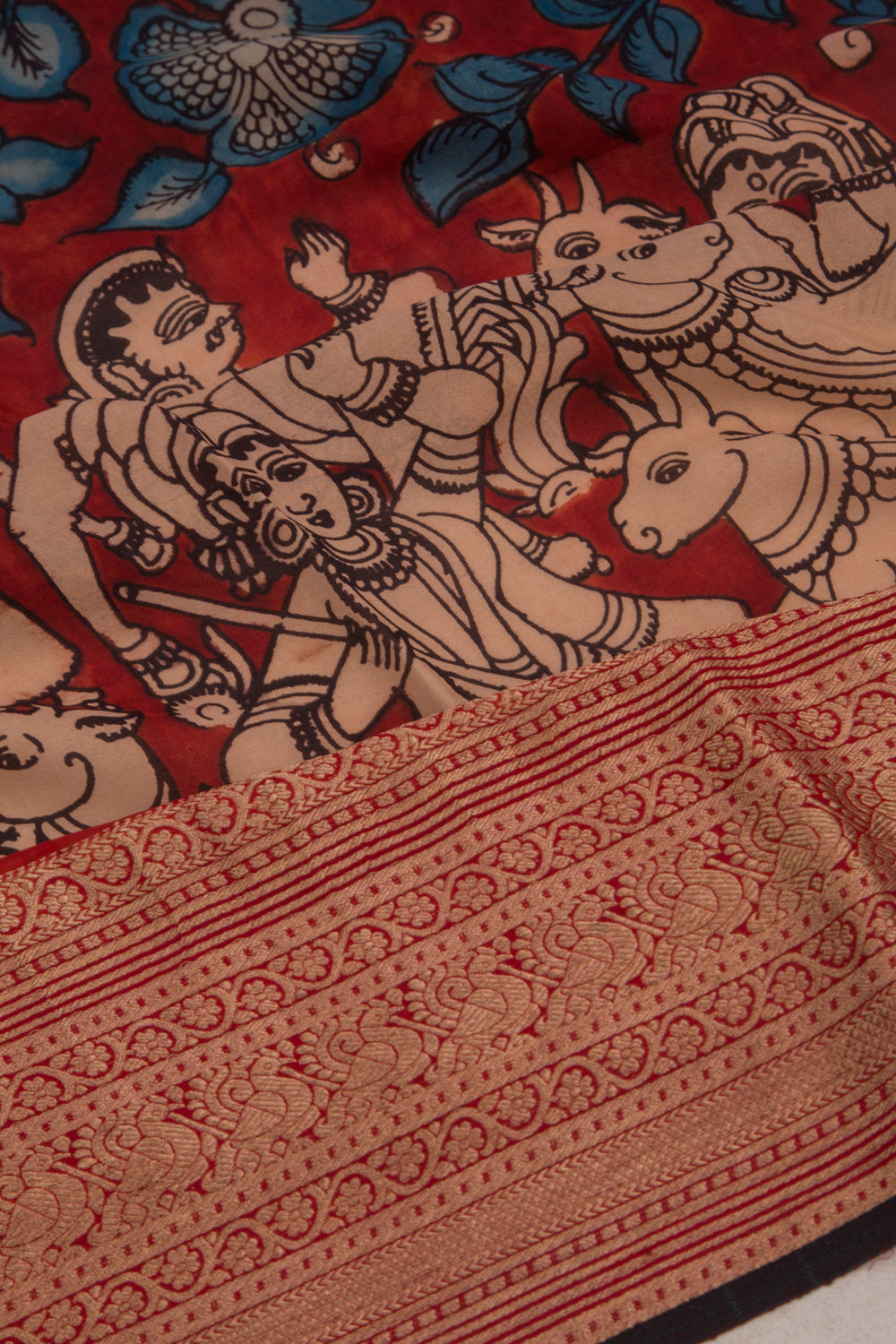 Binny Silk Pure Crepe Handpainted Kalamkari Maroon Saree