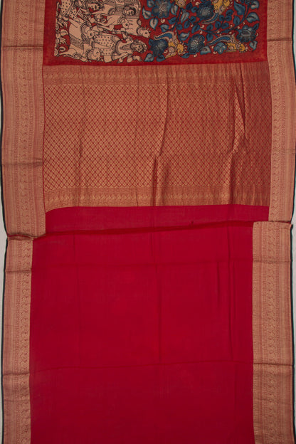 Binny Silk Pure Crepe Handpainted Kalamkari Maroon Saree