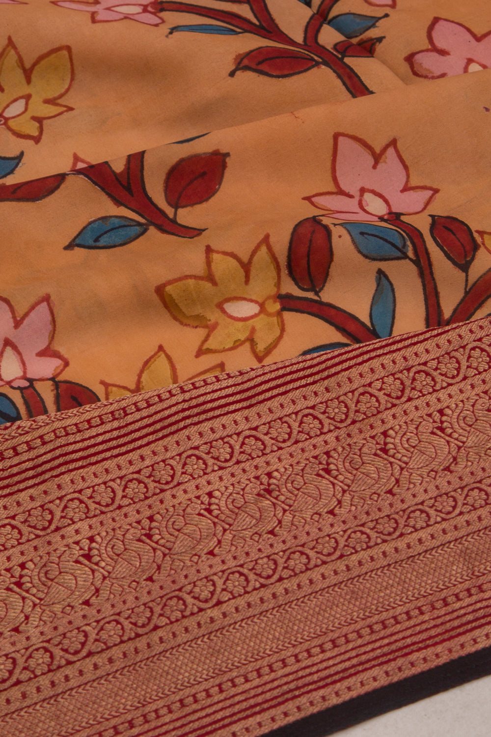 Binny Silk Pure Crepe Handpainted Kalamkari Yellow Saree