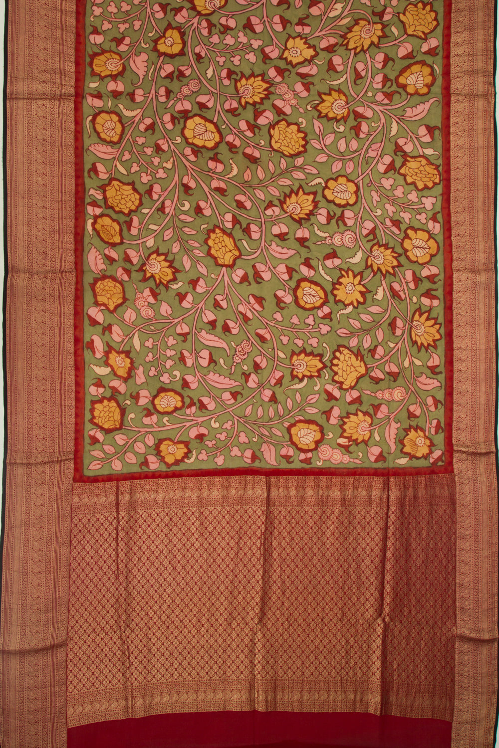 Binny Silk Pure Crepe Handpainted Kalamkari Green Saree
