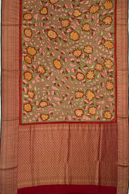 Binny Silk Pure Crepe Handpainted Kalamkari Green Saree