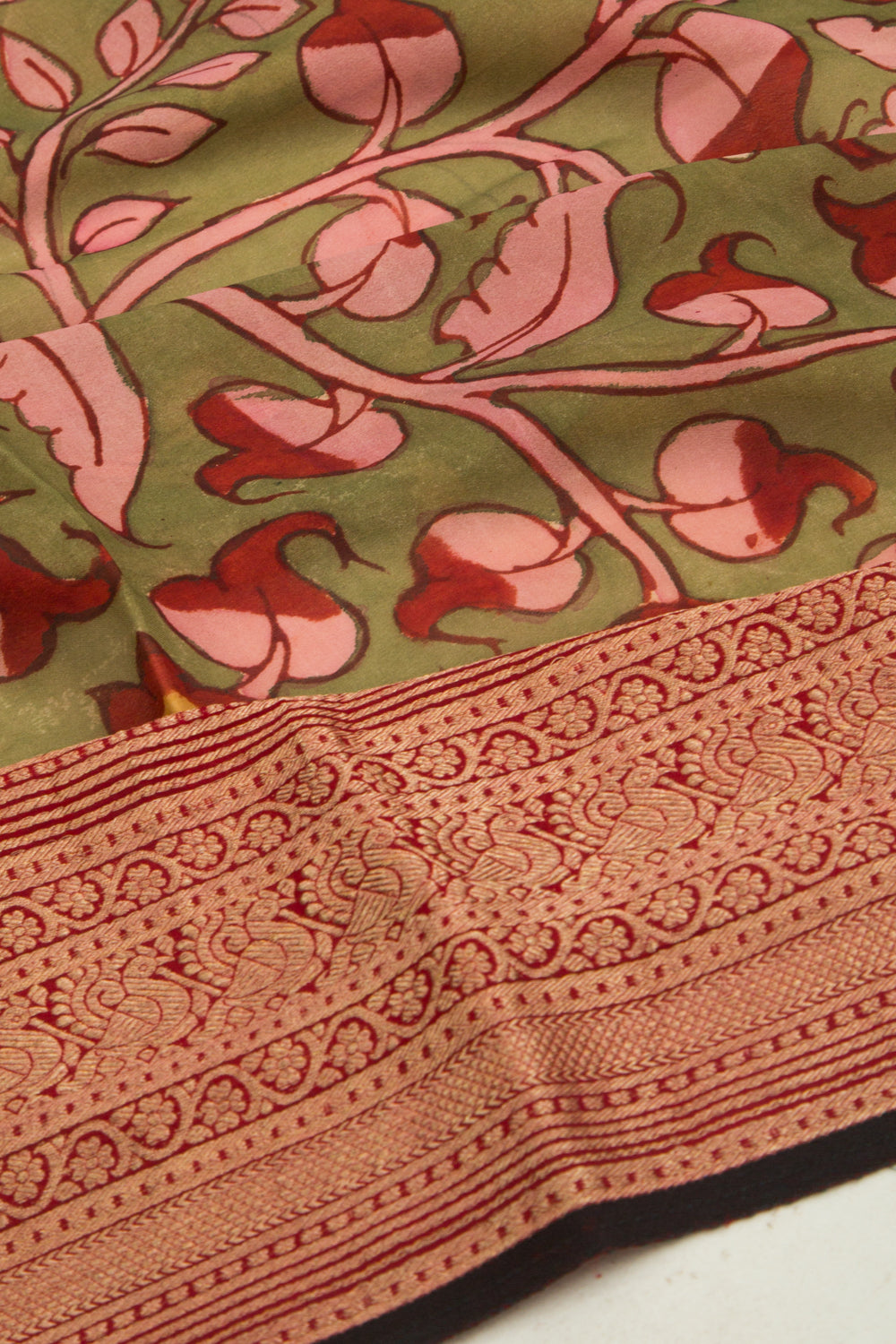 Binny Silk Pure Crepe Handpainted Kalamkari Green Saree