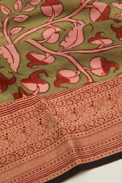 Binny Silk Pure Crepe Handpainted Kalamkari Green Saree