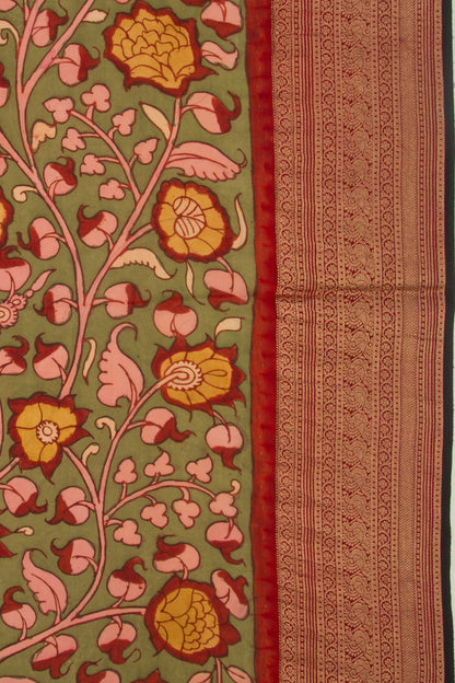 Binny Silk Pure Crepe Handpainted Kalamkari Green Saree