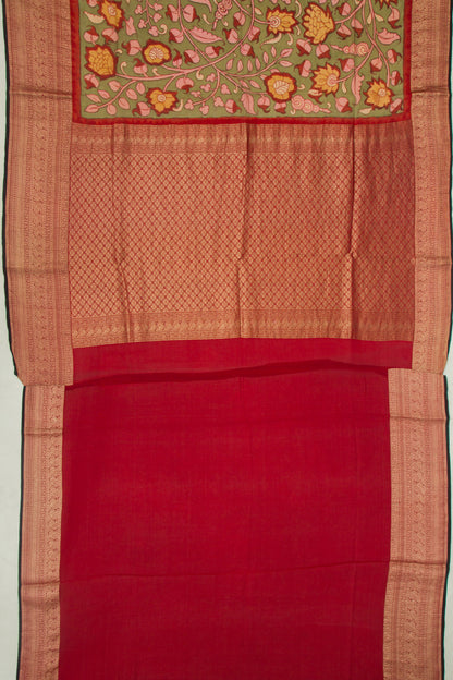 Binny Silk Pure Crepe Handpainted Kalamkari Green Saree