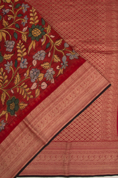 Binny Silk Pure Crepe Handpainted Kalamkari Maroon Saree
