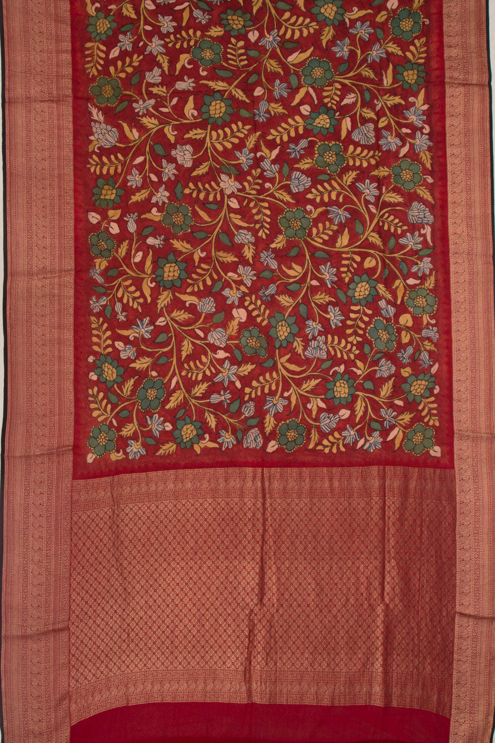 Binny Silk Pure Crepe Handpainted Kalamkari Maroon Saree