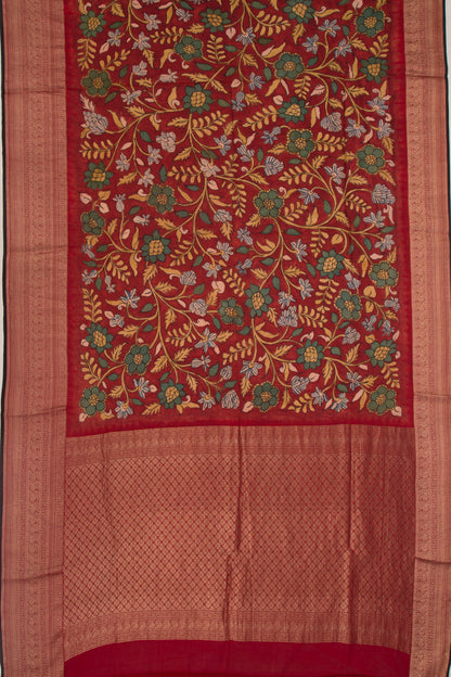 Binny Silk Pure Crepe Handpainted Kalamkari Maroon Saree