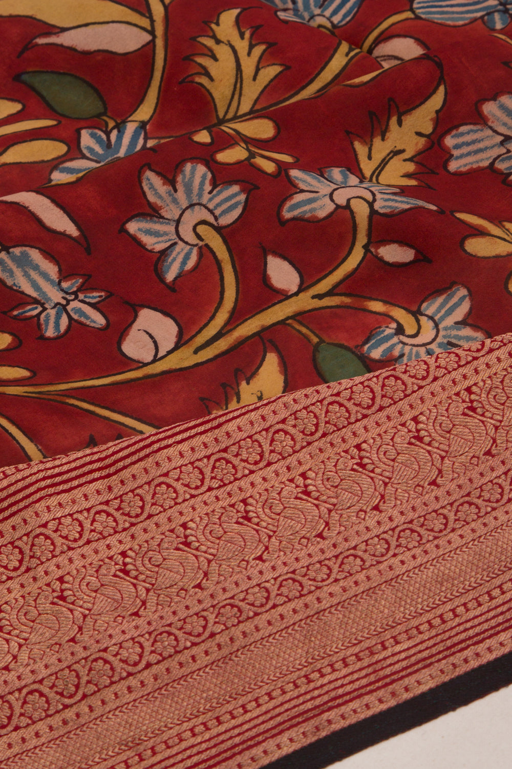 Binny Silk Pure Crepe Handpainted Kalamkari Maroon Saree