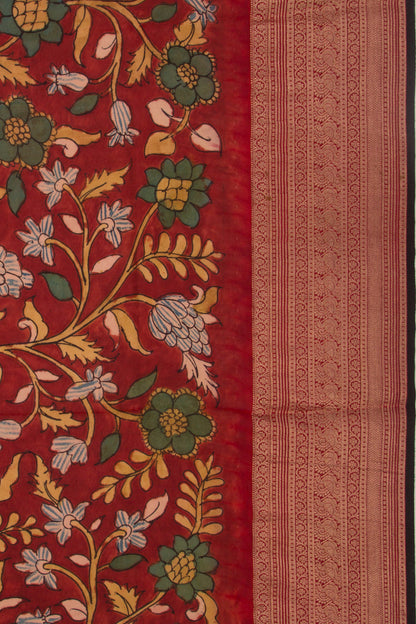Binny Silk Pure Crepe Handpainted Kalamkari Maroon Saree