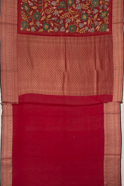 Binny Silk Pure Crepe Handpainted Kalamkari Maroon Saree