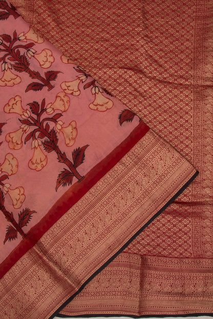 Binny Silk Pure Crepe Handpainted Kalamkari Baby Pink Saree