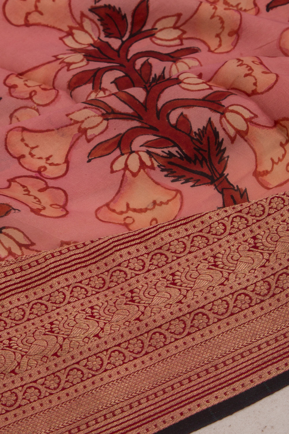 Binny Silk Pure Crepe Handpainted Kalamkari Baby Pink Saree