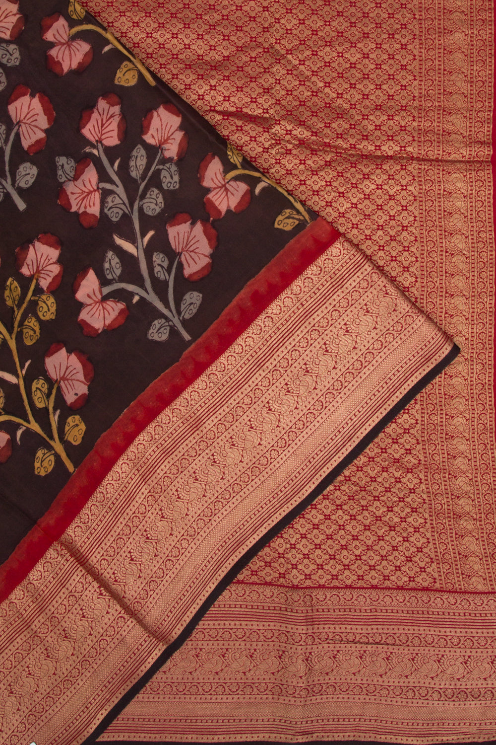 Binny Silk Pure Crepe Handpainted Kalamkari Brown Saree