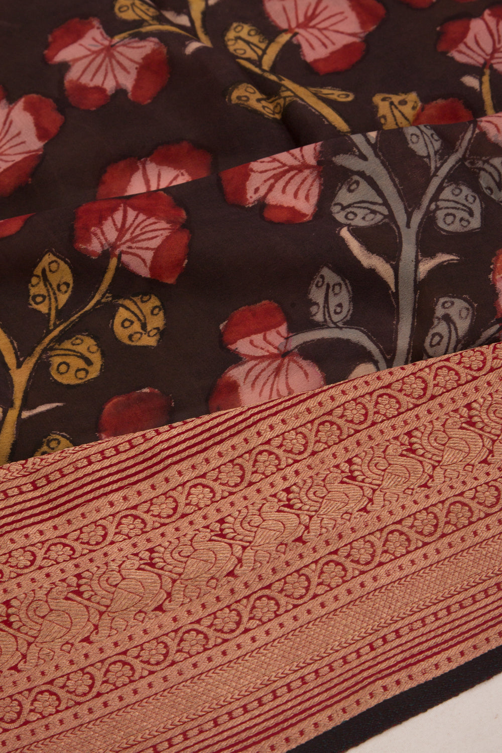 Binny Silk Pure Crepe Handpainted Kalamkari Brown Saree