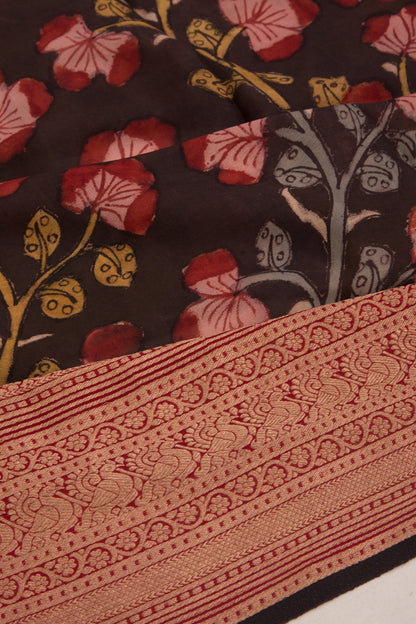 Binny Silk Pure Crepe Handpainted Kalamkari Brown Saree