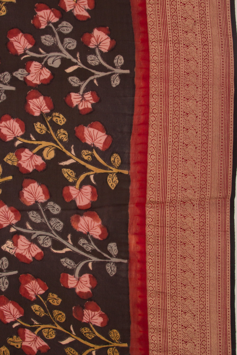 Binny Silk Pure Crepe Handpainted Kalamkari Brown Saree