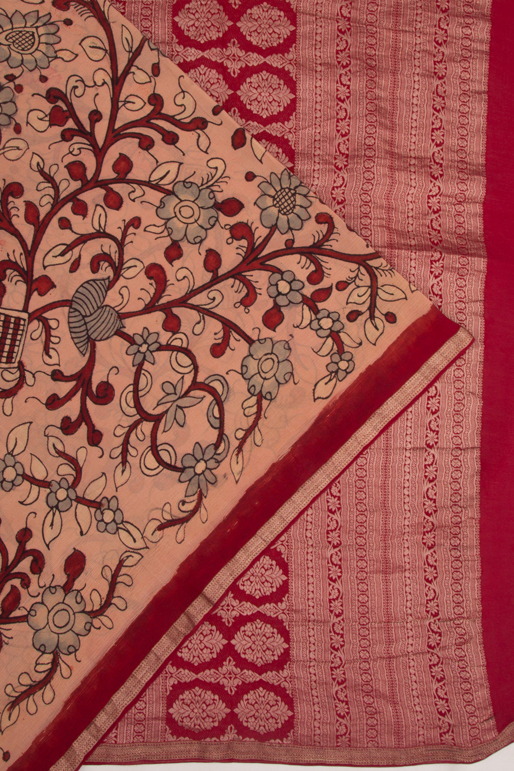 Pure Chiffon Handpainted Kalamkari Peach Saree