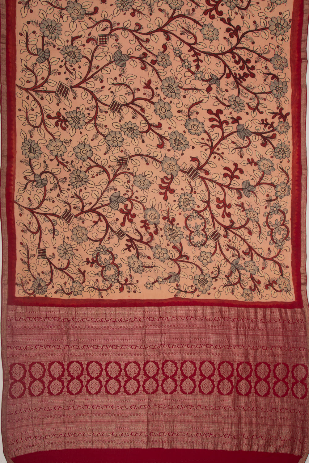 Pure Chiffon Handpainted Kalamkari Peach Saree