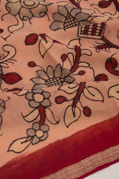 Pure Chiffon Handpainted Kalamkari Peach Saree
