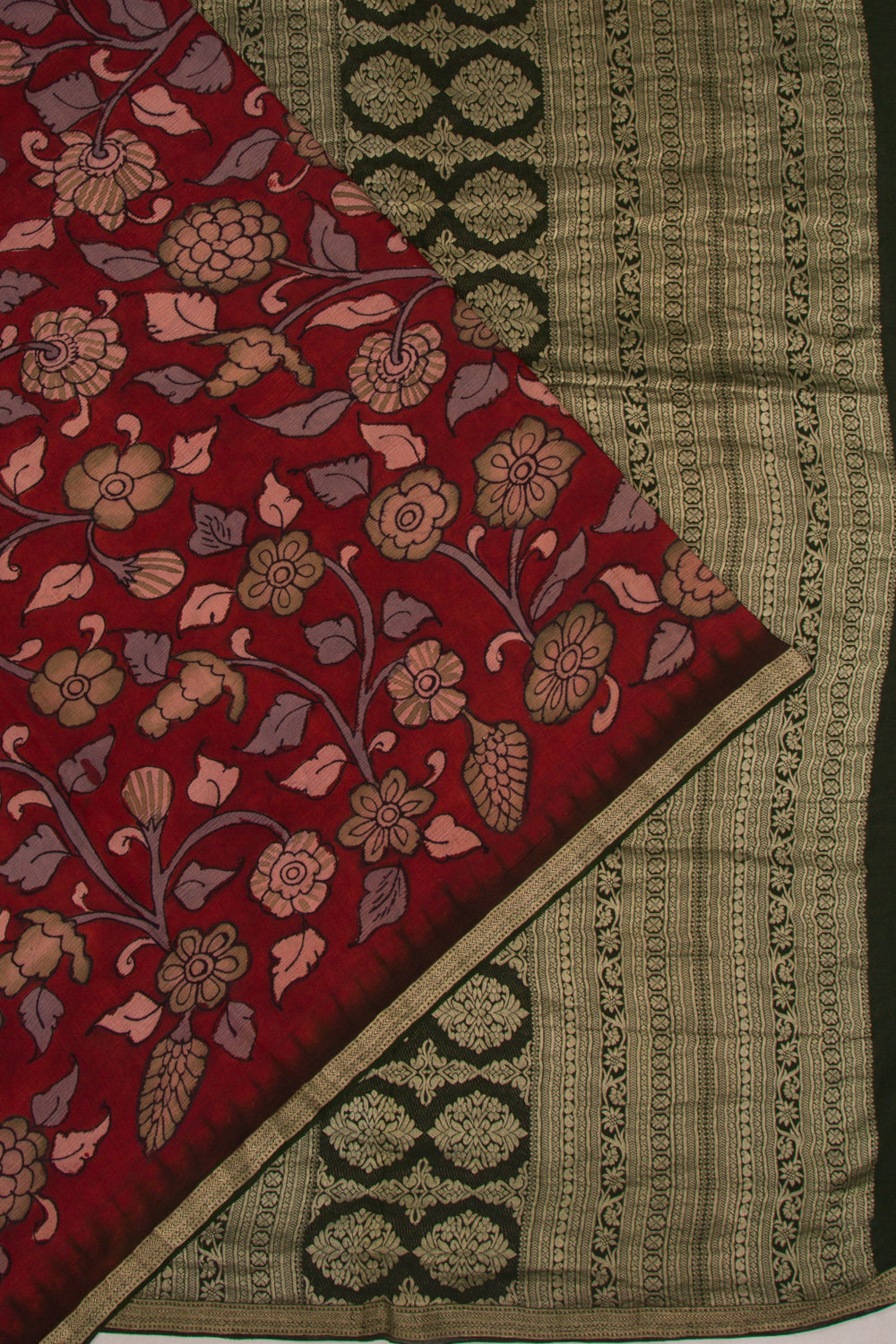 Pure Chiffon Georgette Handpainted Kalamkari Maroon Saree
