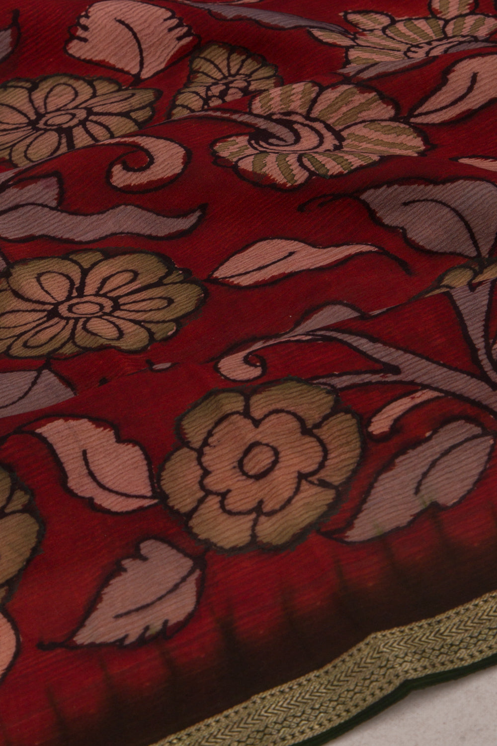 Pure Chiffon Georgette Handpainted Kalamkari Maroon Saree