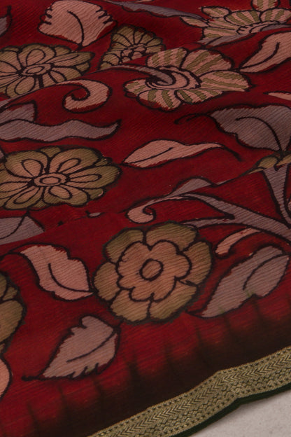 Pure Chiffon Georgette Handpainted Kalamkari Maroon Saree
