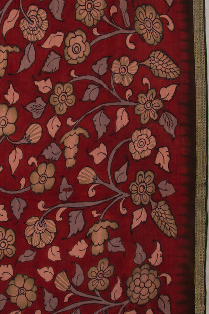 Pure Chiffon Georgette Handpainted Kalamkari Maroon Saree