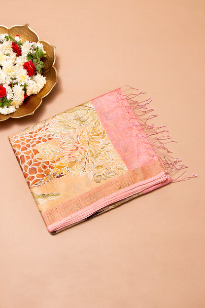 Tussar Horizontal Lines Peach Saree With Printed Pallu