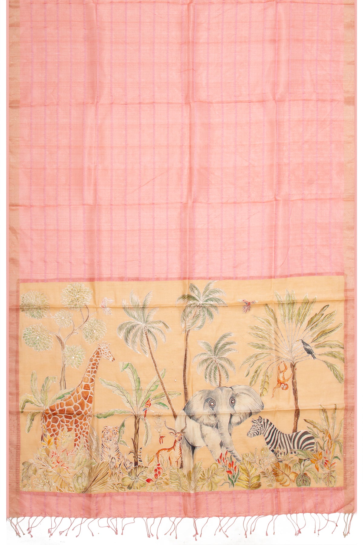 Tussar Horizontal Lines Peach Saree With Printed Pallu