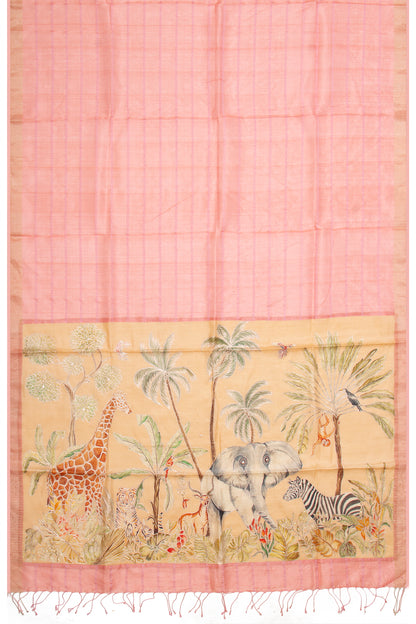 Tussar Horizontal Lines Peach Saree With Printed Pallu