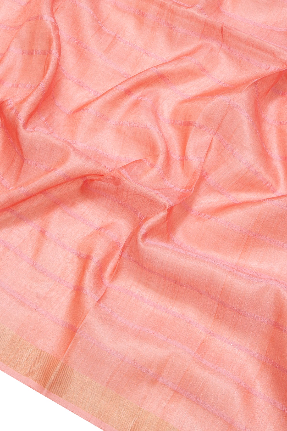 Tussar Horizontal Lines Peach Saree With Printed Pallu