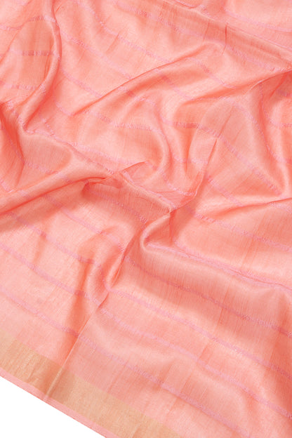Tussar Horizontal Lines Peach Saree With Printed Pallu