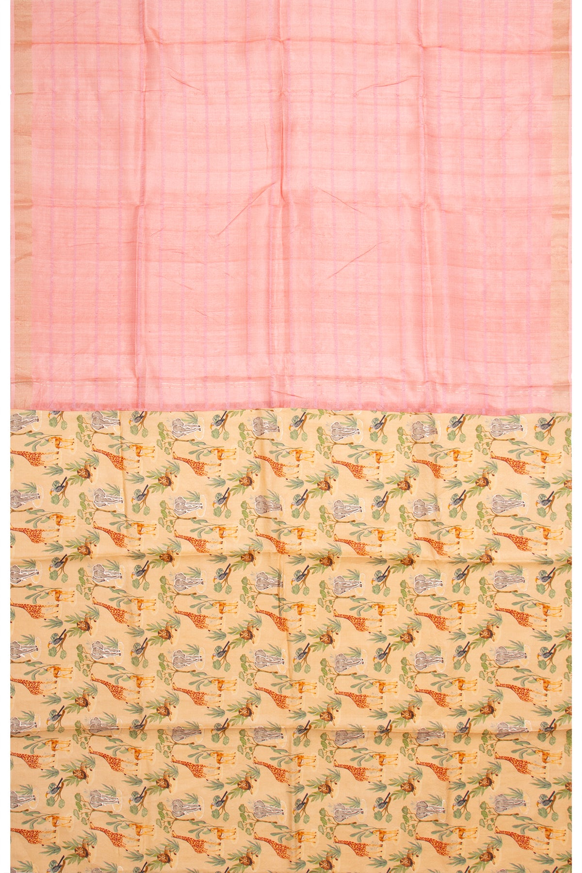 Tussar Horizontal Lines Peach Saree With Printed Pallu
