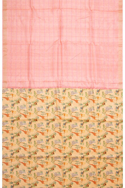 Tussar Horizontal Lines Peach Saree With Printed Pallu