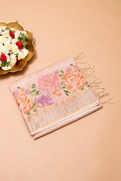 Tussar Horizontal Lines Beige Saree With Embroidery Border