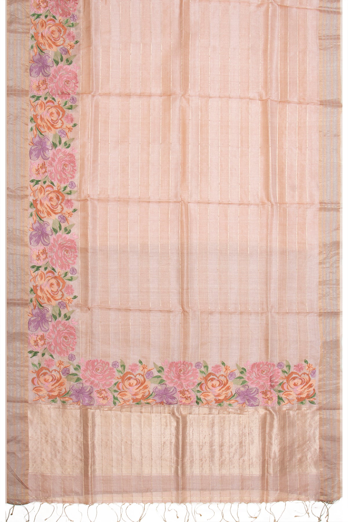 Tussar Horizontal Lines Beige Saree With Embroidery Border