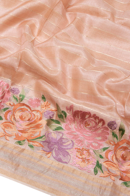 Tussar Horizontal Lines Beige Saree With Embroidery Border
