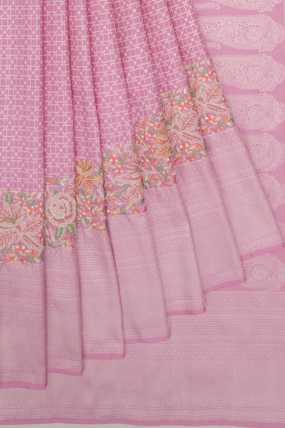 Kanchipuram Silk Ikat Pastel Pink Saree With Embroidery